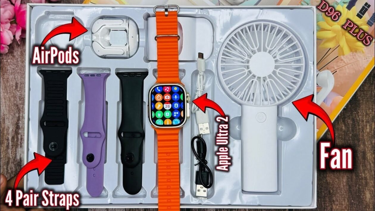 D96 Plus Ultra 2 Ultimate Combo Pack - Smartwatch with Earbuds, Fan & 4 Straps