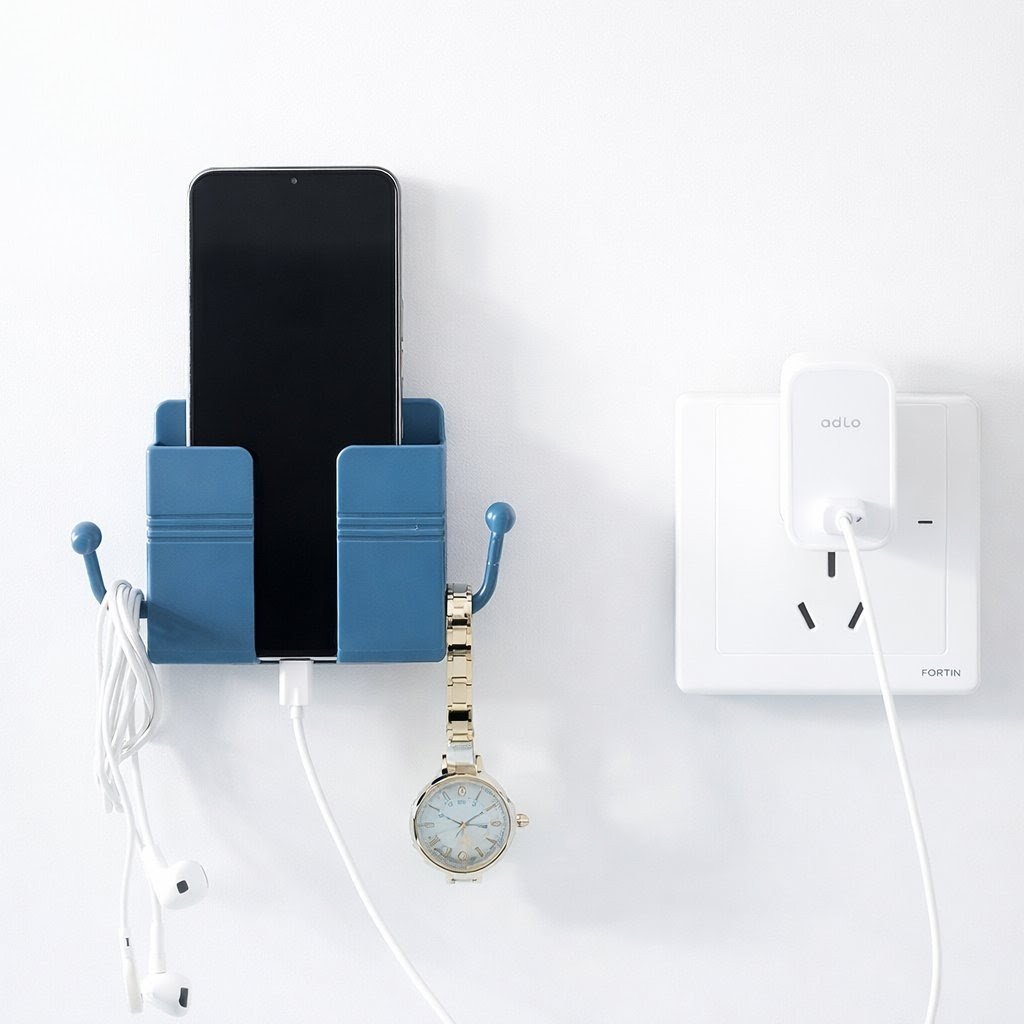 Wall-Mounted Mobile Charging Stand with Dual Side Hooks