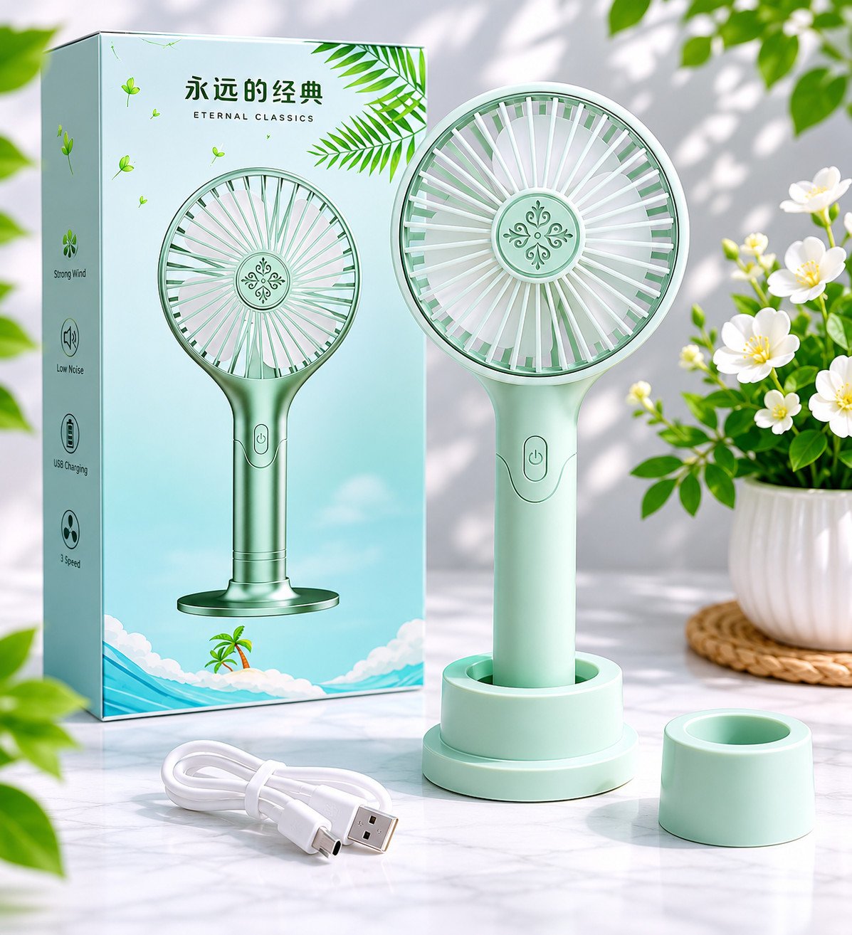 Eternal Classics Elegant Pattern Handheld Mini Rechargeable Fan with Stand