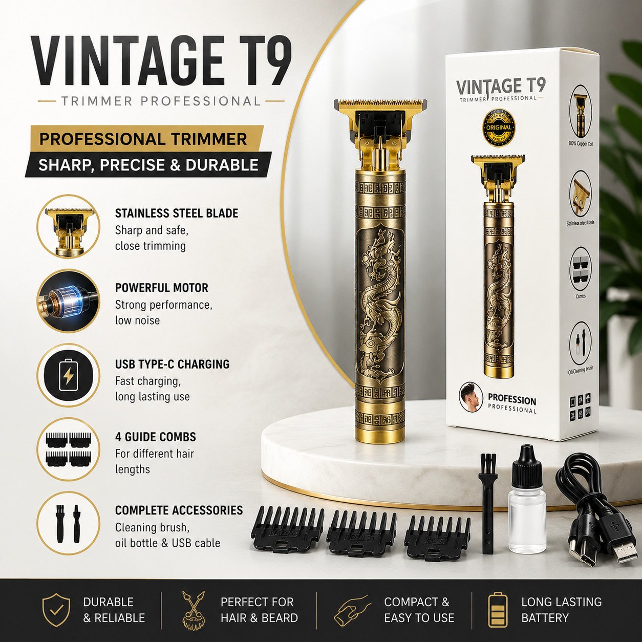 Vintage T9 Rechargeable Hair Trimmer - Gold Dragon Edition