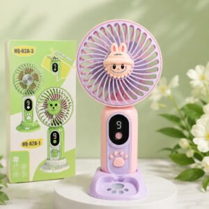 Cute Labubu Character Handheld Mini Fan with Digital Display & Base