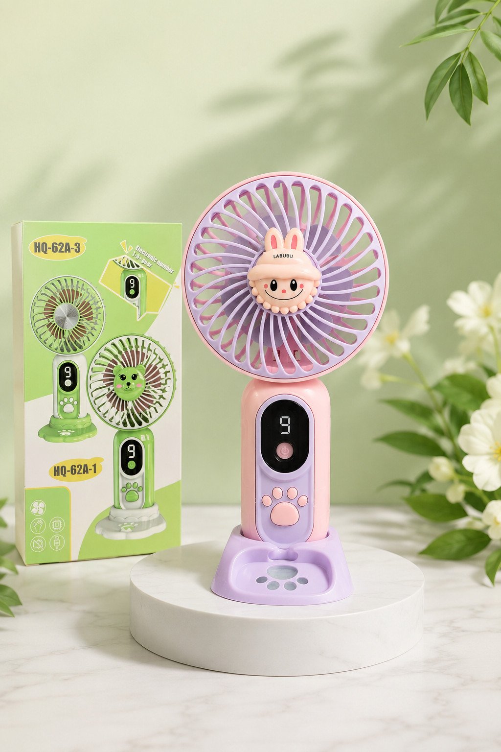 Cute Labubu Character Handheld Mini Fan with Digital Display & Base
