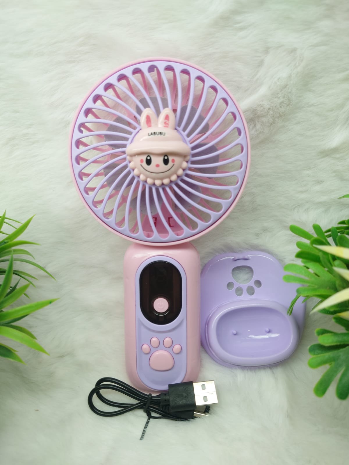 Cute Labubu Character Handheld Mini Fan with Digital Display & Base
