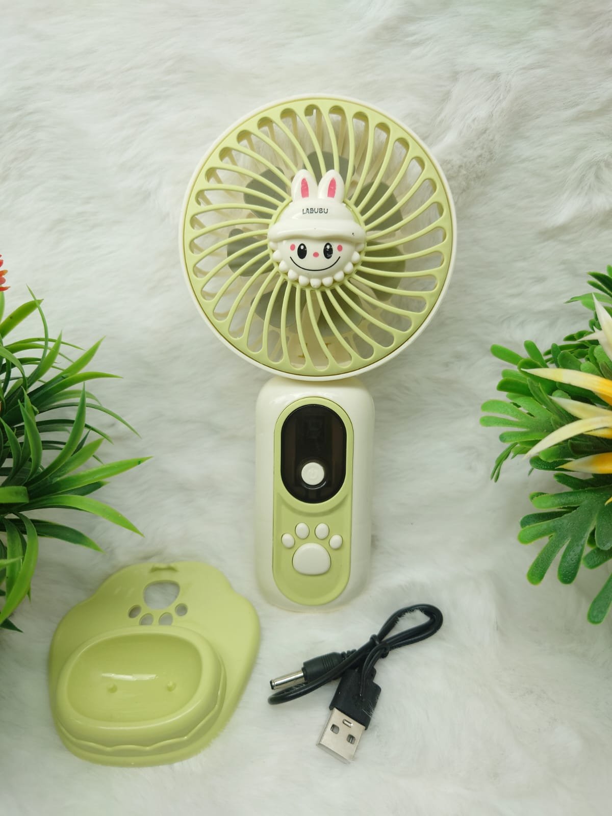 Cute Labubu Character Handheld Mini Fan with Digital Display & Base