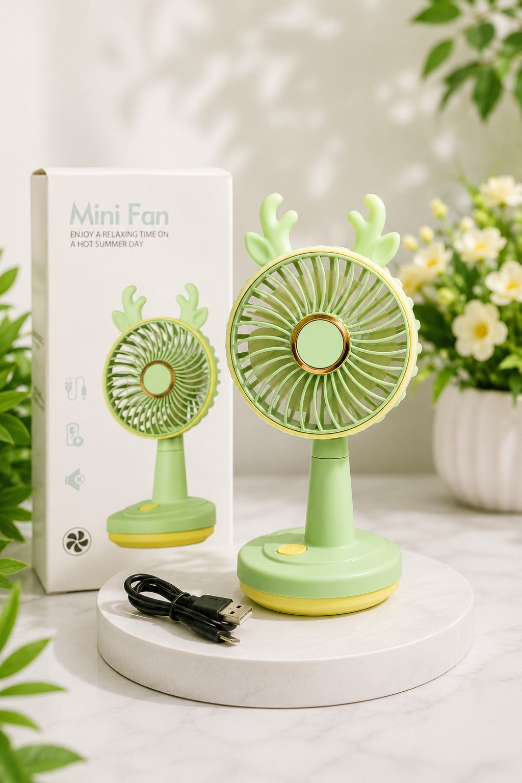 Cute Antler Design Rechargeable Desktop Mini Fan